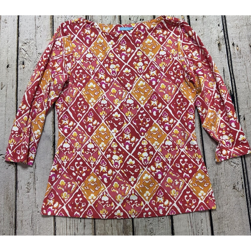 J. McLaughlin Catalina Cloth Top 3/4 Sleeve Sz M Pink Orange Floral Resort